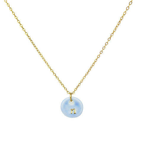 blue initial disk necklace with porcelain initial charm